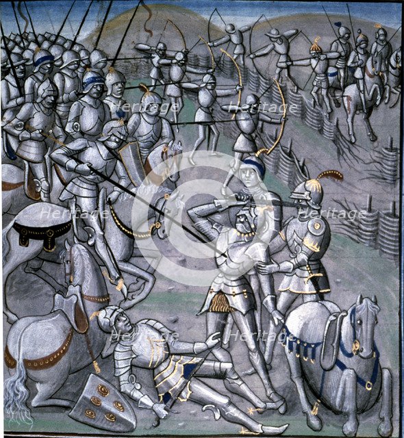 Battle of Poitiers (732), with Carlos Martel winner on the Arabs. Detail of the miniature 'Chroni…