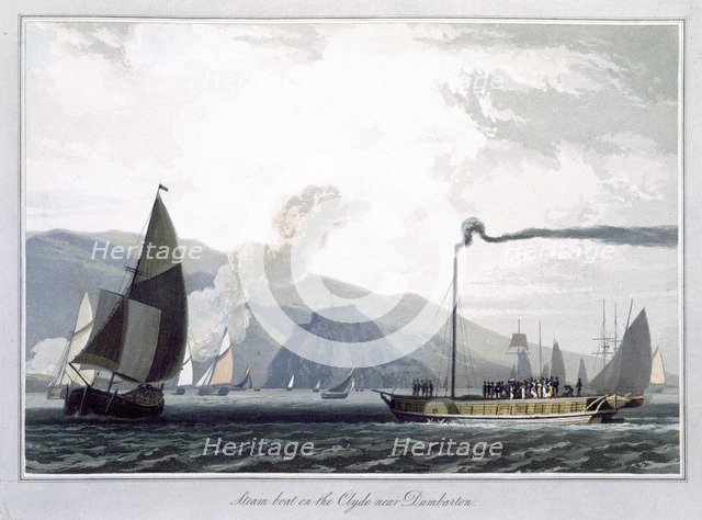 'Steam boat on the Clyde near Dumbarton', Scotland, 1829. Artist: William Daniell