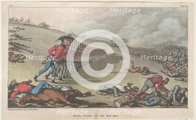 Smells Powder for the first time, from "The Military Adventures of Johnny Newcome", 1815., 1815. Creator: Thomas Rowlandson.