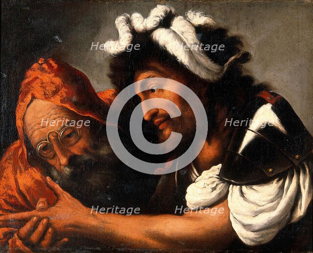 A fortune-teller reading the palm of a soldier, 1600-1699. Creator: Pietro della Vecchia.