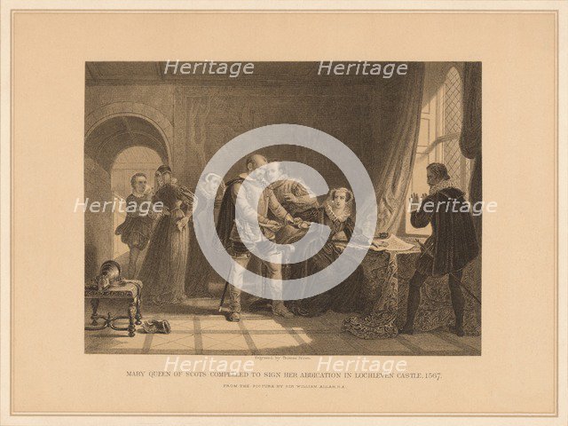 'Mary Queen of Scots Compelled To Sign Her Abdication in Lochleven Castle, 1567', (1878). Artist: Thomas Brown.
