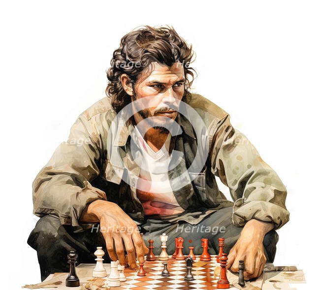 AI IMAGE - Portrait of Che Guevara playing chess, 1960s, (2023). Creators: Heritage Images, Che Guevara.