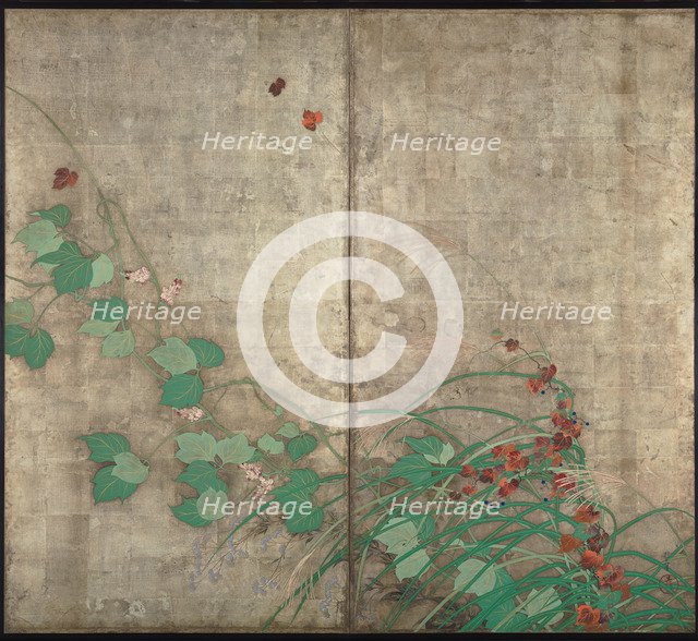Summer and autumn flower plants. (Part of the pair of two-fold screens). Artist: Hoitsu, Sakai (1761-1828)