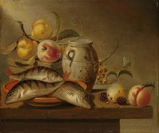 Still Life with Earthenware Jar, Fish and Fruit, 1652. Creator: Harmen Steenwijck.