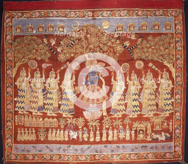 Temple Hanging (Pichvai) Depicting Krishna with Gopis, c1800. Creator: Unknown.