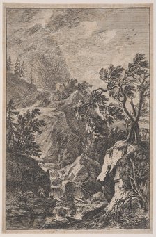 Plate 6: two male figures standing on a rock at right, a waterfall at center with a..., ca. 1700-25. Creator: Franz Joachim Beich.