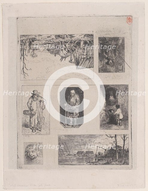 Farmyard Landscape (a), Seated Peasant (b), Beggar (c), Beggar (d), Little Beggar (e), Hea..., 1844. Creator: Charles Emile Jacque.
