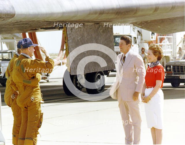 Mattingly and Hartsfield Salute President Reagan, Edwards Air Force Base, California, USA, 1982.  Creator: NASA.