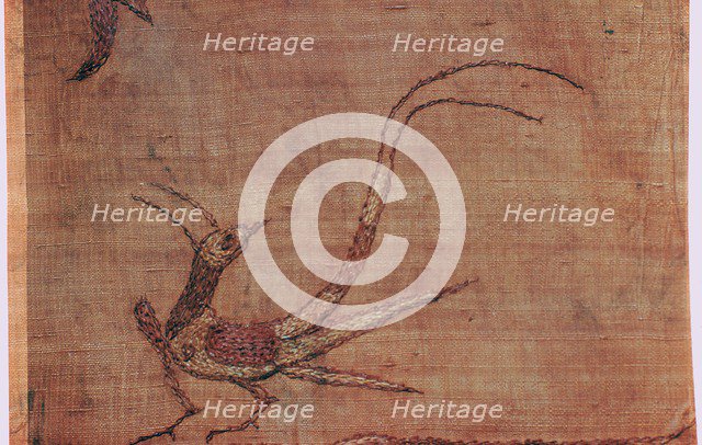 Detail of a Chinese embroidered silk tussore with a phoenix from a Scythian tomb. Artist: Unknown