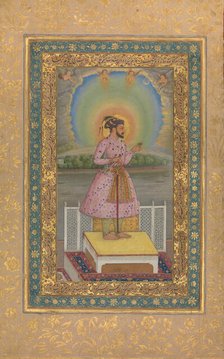 Shah Jahan on a Terrace, Holding a Pendant Set With His Portrait, Folio..., 1627-28. Creator: Chitarman.
