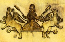 Alexander the Great in a chariot pulled by winged griffins, (1932).  Creator: Unknown.