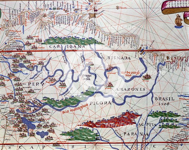 Atlas of Joan Martines, Messina, 1582. Portulan chart of the Amazon River with its basin in full …