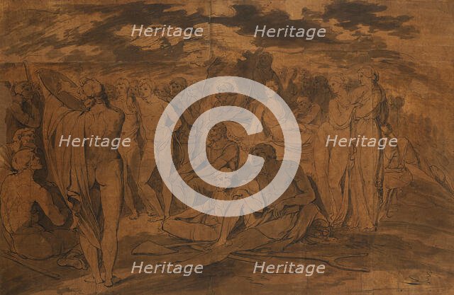 Poet reciting to a crowd seated and standing around a tree (or Homer and Orpheus), 1770s. Creator: James Jefferys.