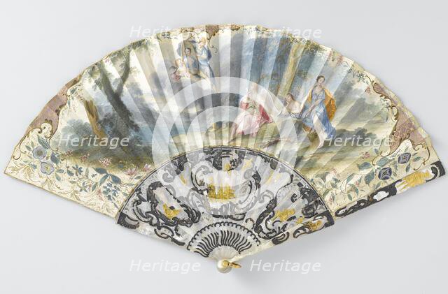 Folding paper fan depicting Hermes holding a woman's portrait, c.1750.  Creator: Anon.