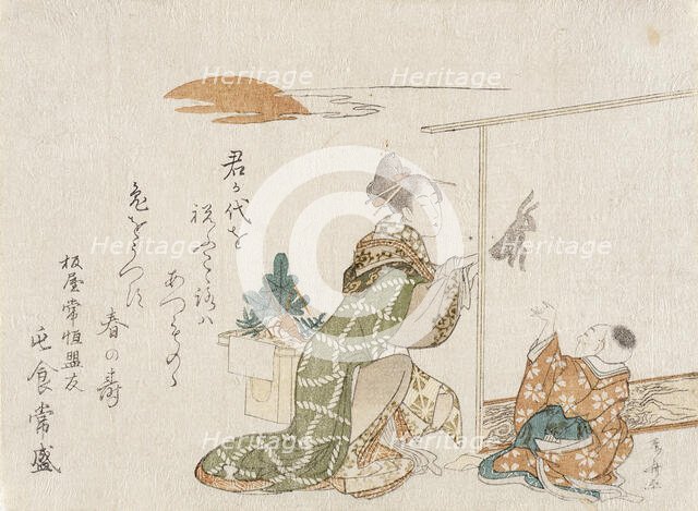 Woman Making Rabbit Shadow for Small Boy, 1807. Creator: Shinsai.