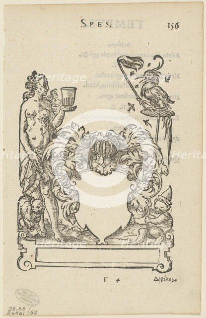 Emblem with Blank Heraldic Shield, folio 156 from the Anthologia Gnomonica, 1579,...1937. Creators: Jost Ammon, Max Geisberg, Sigmund Feyerabend, Henri Estienne.