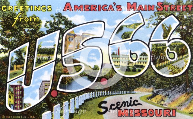 'Greetings from America's Main Street, US 66, Scenic Missouri', postcard, 1945. Artist: Unknown