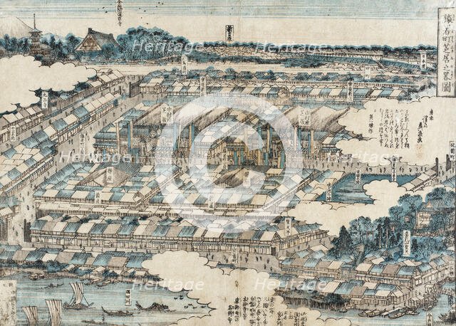 View of Kabuki Theatre District in Edo, 1820. Creator: Ikeda Eisen.
