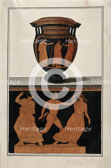 Above, red-figured Greek wine bowl (column krater); below, detail of the decoration.... 1760-9. Creator: Augustin Dahlsteen.