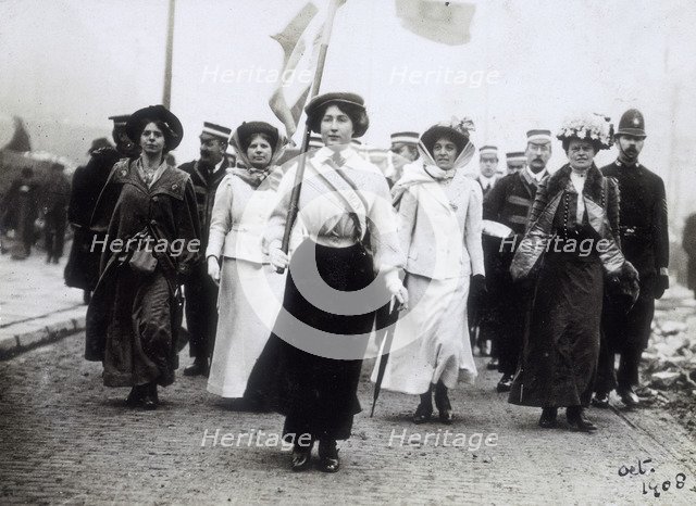 Daisy Dugdale leading a procession, London, 1908. Artist: Unknown