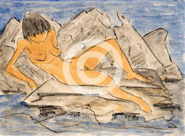 Nude woman lying on water, .