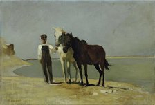 A boy with horses on the beach, 1872. Creator: Franz Rumpler.