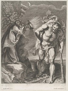 Saint Christopher carrying the Christ child across a stream, another man holding a ..., ca. 1636-80. Creator: Remoldus Eynhoudts.
