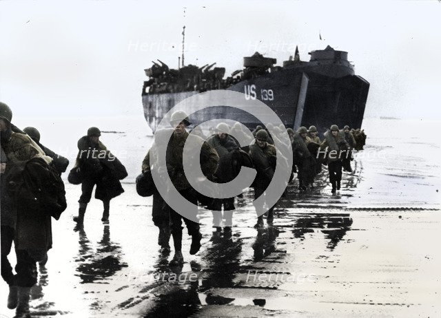 American troops disembark onto the sands of Normandy, 1944. Artist: Unknown.