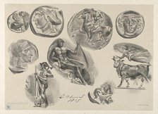 Sheet of Nine Antique Coins, 1825., 1825. Creator: Eugene Delacroix.