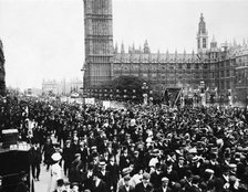 Crowds passing the Houses of Parliament en route to Women's Sunday, London, 1908. Artist: Unknown