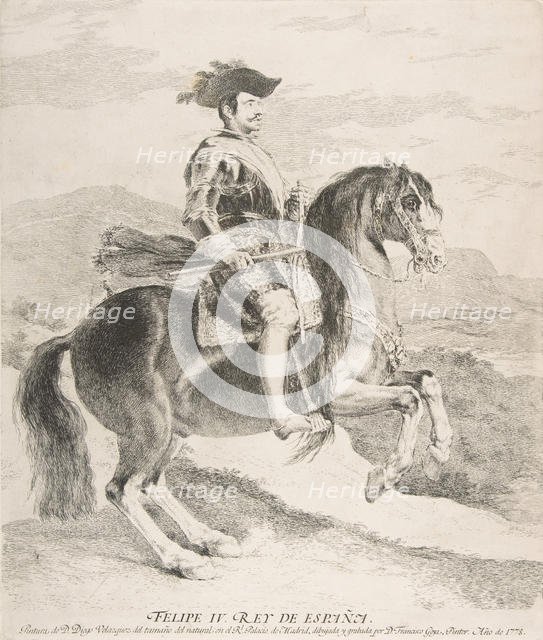 Philip IV on horseback, after Velázquez, 1778. Creator: Francisco Goya.