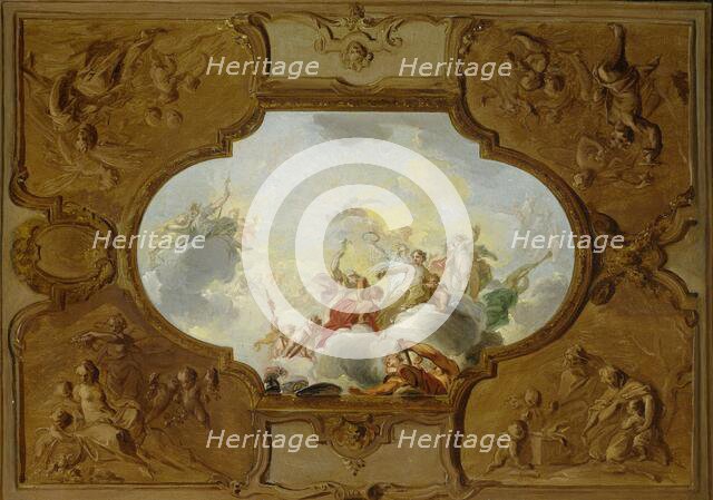 Design for a ceiling painting with the Apotheosis of Aeneas, in the corners the Four Seasons, c.1720 Creator: Jacob de Wit.
