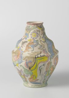 Vase with vaulted belly, polychrome painted with watercolour, c.1920-c.1922. Creator: Plateelbakkerij Zuid-Holland.