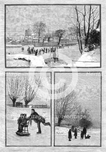 Scenes on the frozen Thames: an extemporised sledge; at Twickenham; near Teddington, 1881. Creator: Unknown.