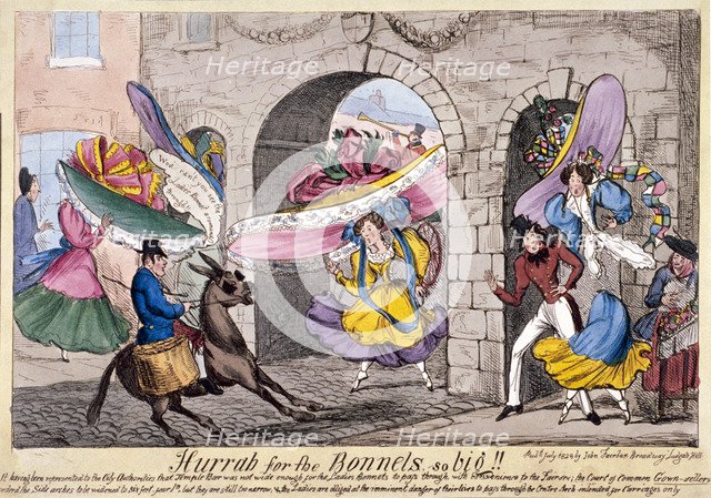'Hurrah for the bonnets so big!!', Temple Bar, London, 1828. Artist: Anon