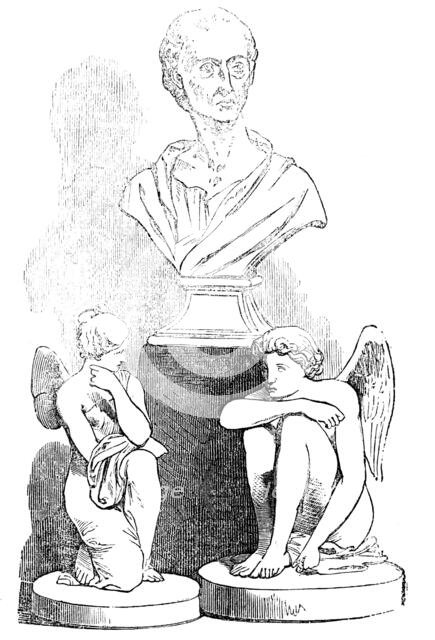 Bust of Pope, by Roubiliac, and "Cupid and Psyche", by Flaxman, from the Rogers Collection, 1856.  Creator: Unknown.