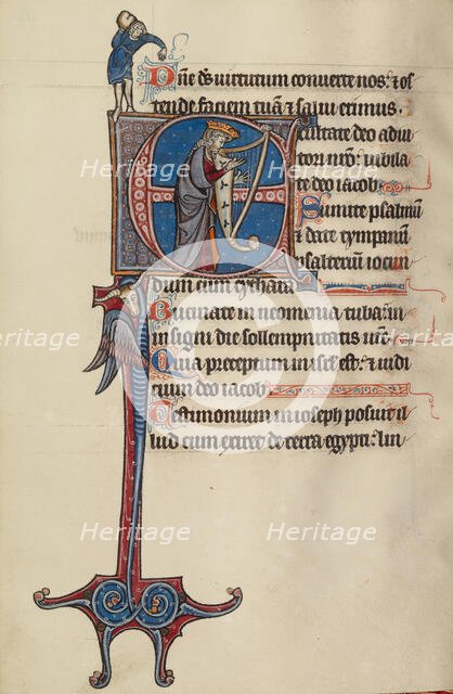Initial E: David Playing the Harp and a Man Heaving a Rock, text and illumination about 1285. Creator: Bute Master.