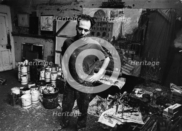The artist Frank Auerbach (1931- ) in his studio. Artist: Unknown