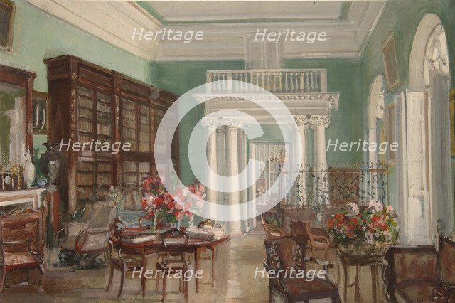 Interior of the Library in the Golitsyn' Nikolo-Uryupino Estate, 1910. Artist: Sredin, Alexander Valentinovich (1872-1934)