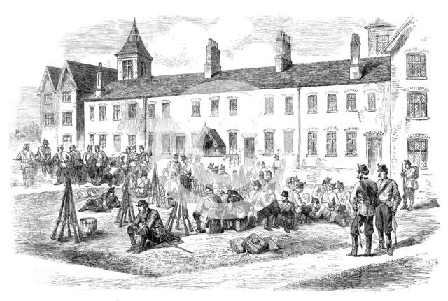 Sketches from Ireland: troops in the yard of the Poorhouse at Kells, 1870. Creator: Unknown.