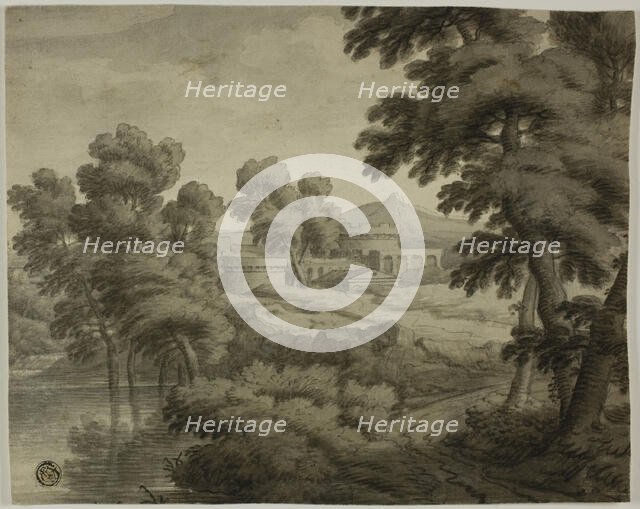 Italianate Landscape with Castle, Trees and Water in Foreground, n.d. Creator: Unknown.