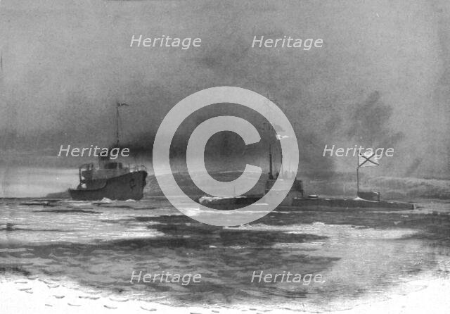 'Un bateau brise-glaces ouvre un chenal devant un sous-marin russe a son retour de croisiere', c1915 Creator: Unknown.