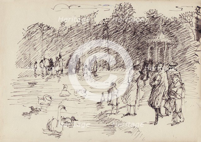 Swans on the Round Pond in Kensington Gardens, London, c1950. Creator: Shirley Markham.