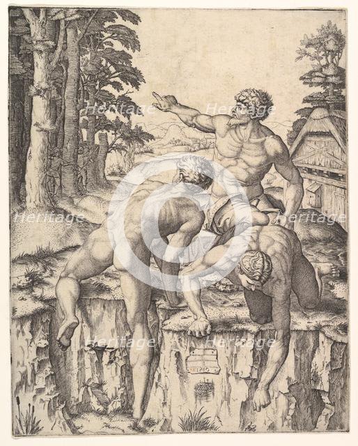 The Climbers: three naked men, one seen from behind climbing onto a river-bank, soldiers e..., 1510. Creator: Marcantonio Raimondi.