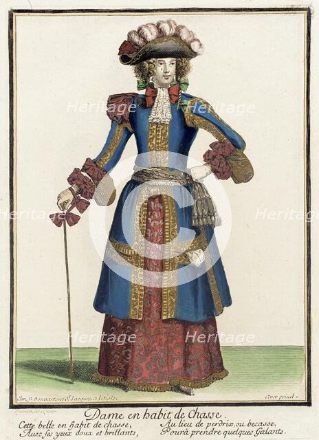 Recueil des modes de la cour de France, 'Dame en Habit de Chasse', 1670. Creator: Nicolas Bonnart.