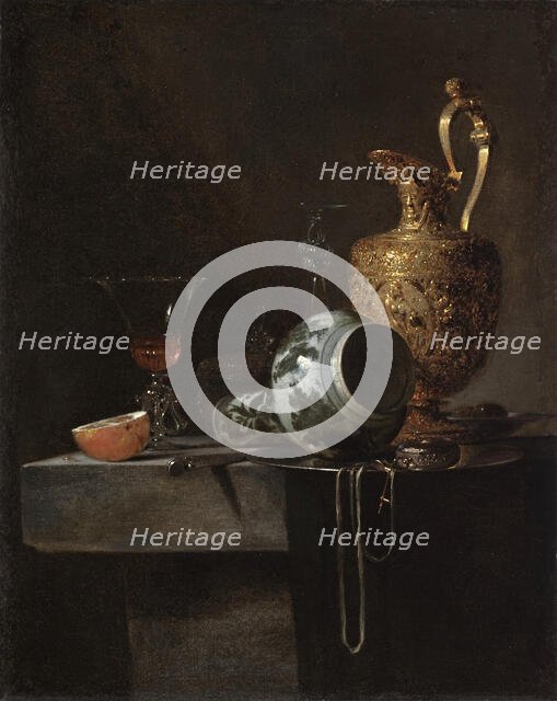 Still Life with a Porcelain Vase, Silver-gilt Ewer, and Glasses, between c1643 and c1644. Creator: Willem Kalf.