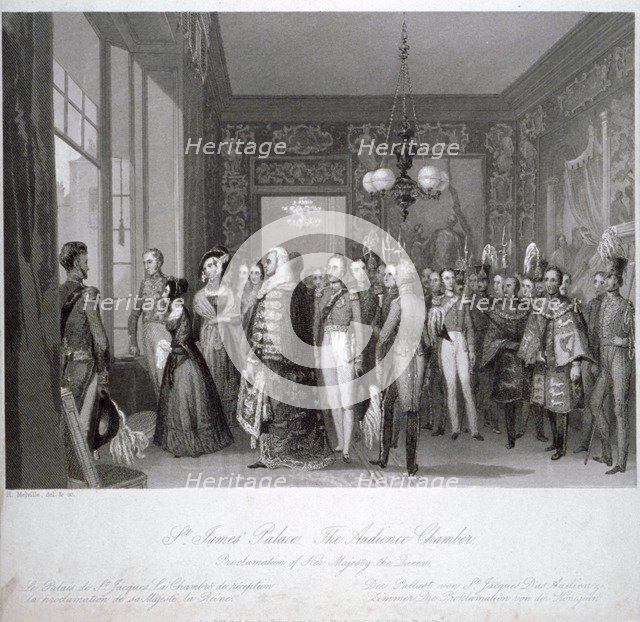 People in the the audience chamber in St James's Palace, Westminster, London, 1837. Artist: Harden Sidney Melville       