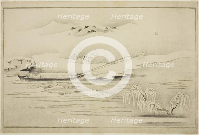 Towing a Barge in the Snow, from the album The Silver World, Japan, 1790. Creator: Kitagawa Utamaro.