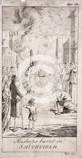 Protestant bishops being burnt at Smithfield, during the reign of Mary I, 16th century, (c1760). Artist: Anon