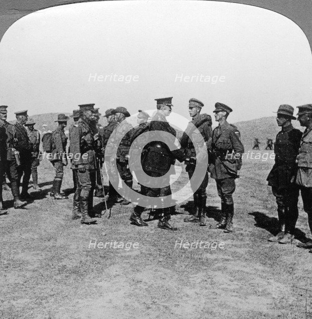 Lord Kitchener praises troops for their assaults at the Dardanelles, World War I, 1915-1916.Artist: Realistic Travels Publishers